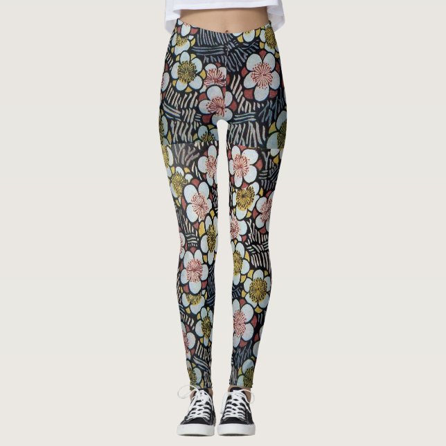 HAIKU/SCHWARZ-WEISS PINK GELBE BLUMEN LEGGINGS (Vorderseite)