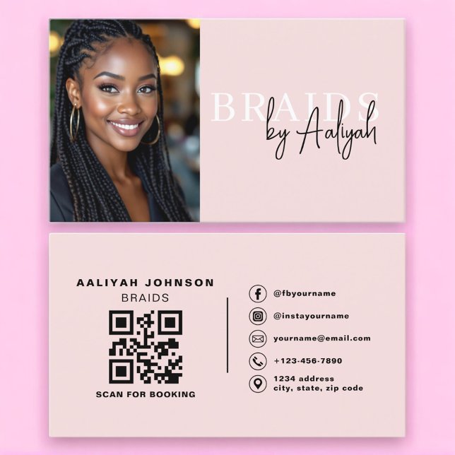 Hair Braider Business Card with Photo and QR Code Visitenkarte (Von Creator hochgeladen)