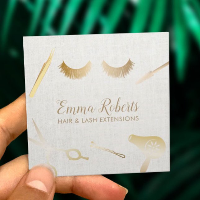 Hair & Eyelash Extensions Makeup Artist Linen Quadratische Visitenkarte (Von Creator hochgeladen)