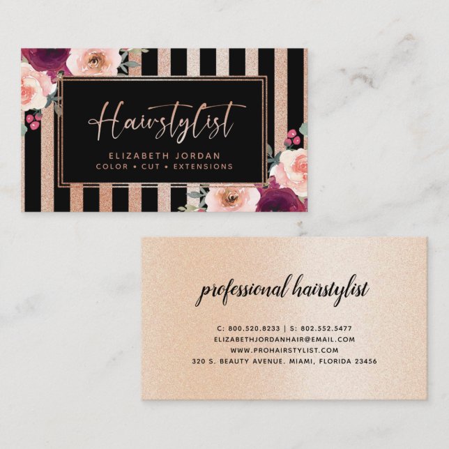 Hair Floral Black Rose Gold Glitzer Business Card Visitenkarte (Vorne/Hinten)