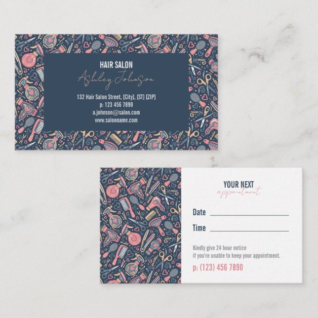 Hair Folk Navy & Blush —  Appointment Reminder Visitenkarte (Vorne/Hinten)