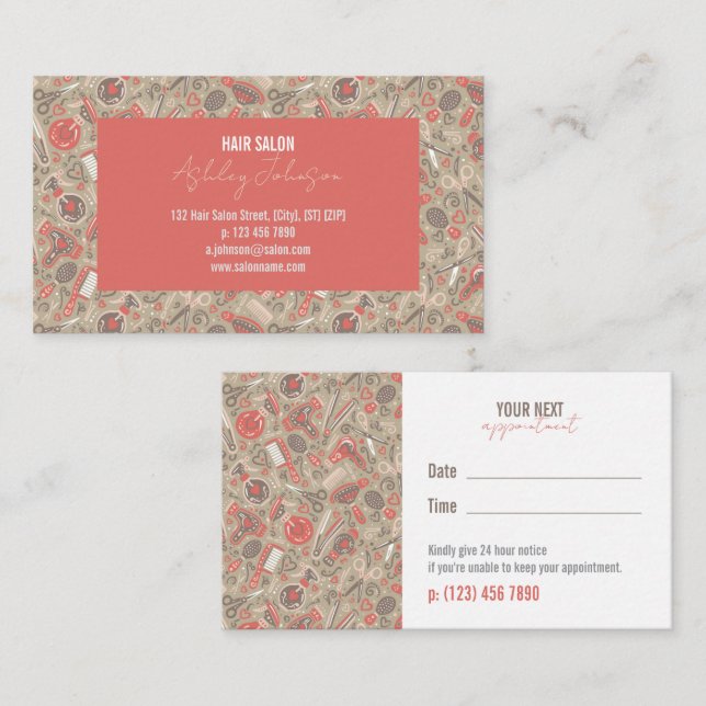 Hair Folk Taupe & Coral —  Appointment Reminder Visitenkarte (Vorne/Hinten)