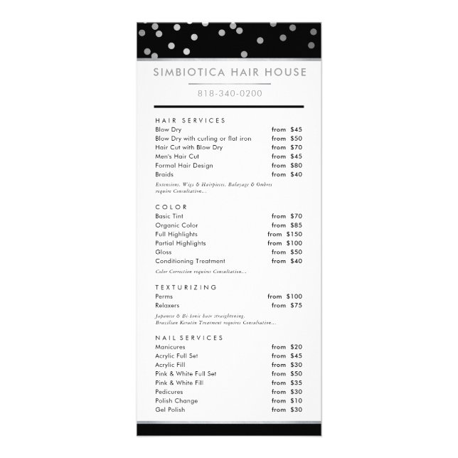 HAIR PRICE LIST moderne Glam polka dot silber Werbekarte (Vorne)