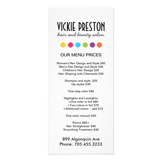 Hair Salon Menu Rack Cards Werbekarte (Vorne)