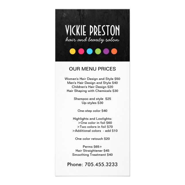 Hair Salon Menu Rack Cards Werbekarte (Vorne)