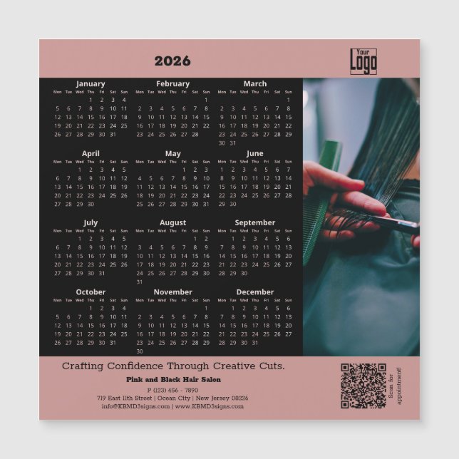 Hair Salon Pink Black 2026 Calendar Magnet (Vorderseite)