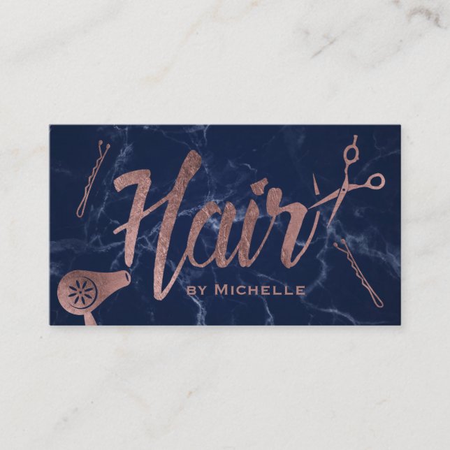 Hair Salon Rose Gold Typography Navy Blue Marble Visitenkarte (Vorderseite)