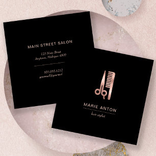 Hair Stylist Chic Rose Gold Schere Comb Black Quadratische Visitenkarte