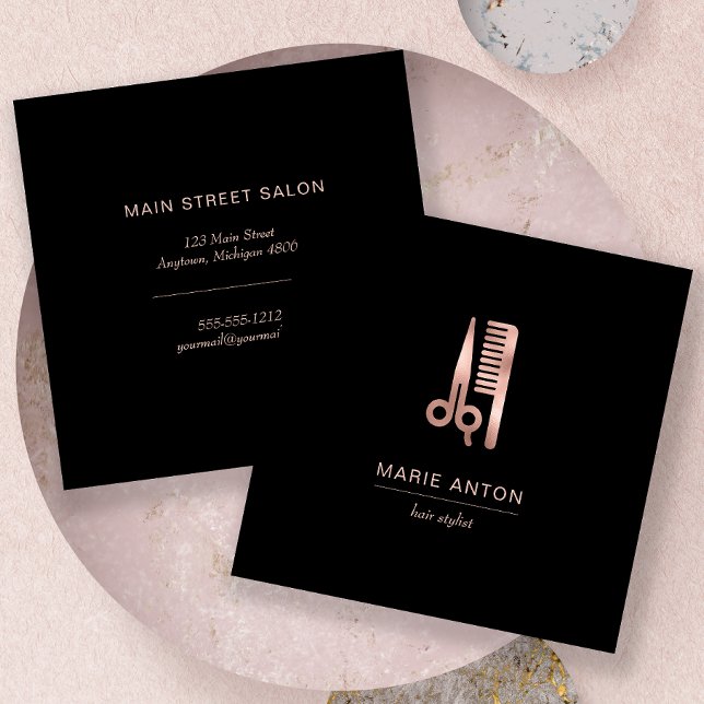 Hair Stylist Chic Rose Gold Schere Comb Black Quadratische Visitenkarte (Von Creator hochgeladen)
