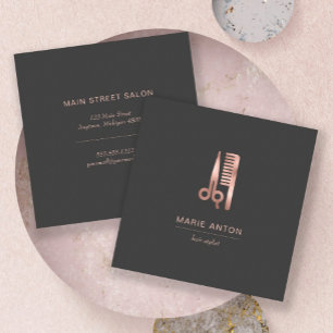 Hair Stylist Chic Rose Gold Scissors Comb Grau Quadratische Visitenkarte