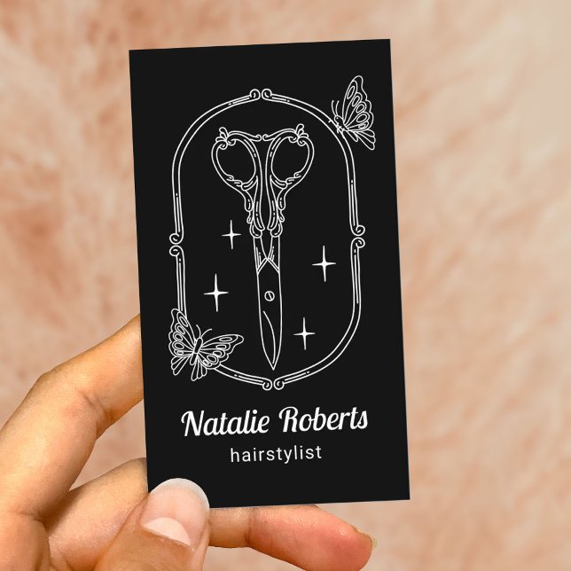 Hair Stylist Cute Scissor & Butterfly Doodle Black Visitenkarte (Von Creator hochgeladen)