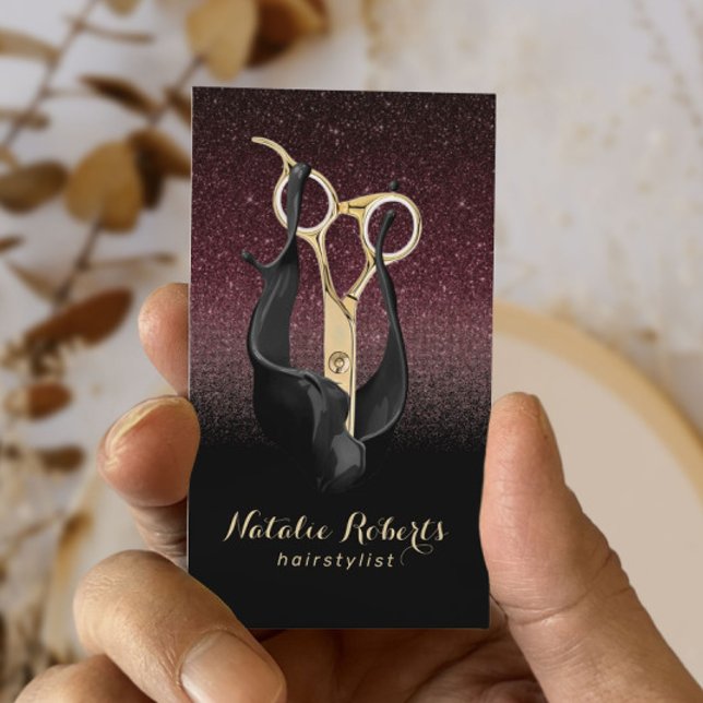 Hair Stylist Gold Scissor Burgundy Red Black Ombre Visitenkarte (Von Creator hochgeladen)