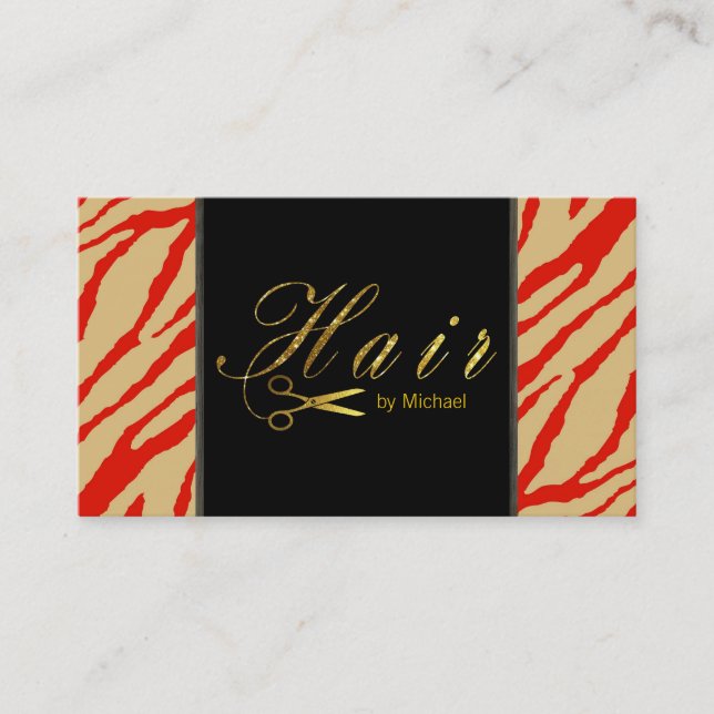 Hair Stylist Gold Scissors Script Modern Zebra #10 Visitenkarte (Vorderseite)