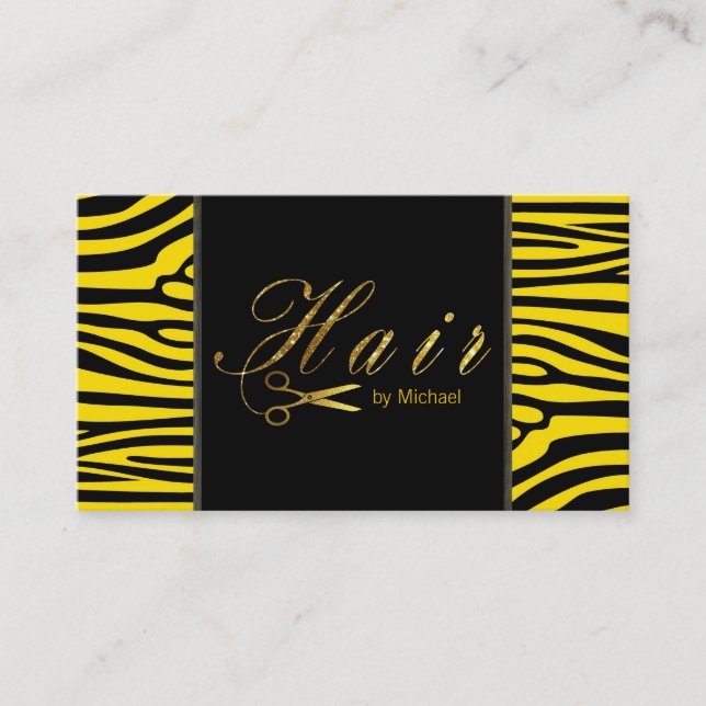 Hair Stylist Gold Scissors Script Modern Zebra #4 Visitenkarte (Vorderseite)