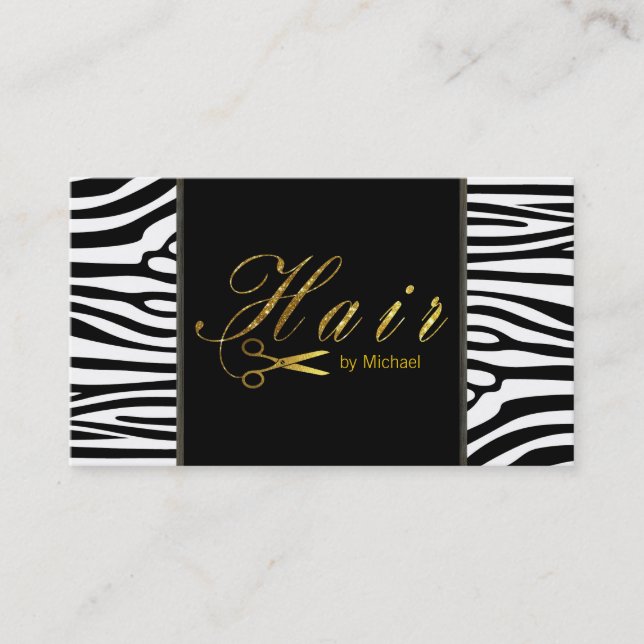Hair Stylist Gold Scissy Script Modern Zebra Visitenkarte (Vorderseite)