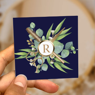 Hair Stylist Lashes Salon Botanical Navy Blue Quadratische Visitenkarte