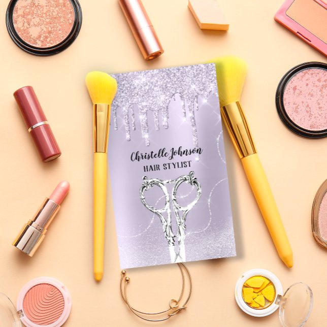 Hair Stylist Lavender Tropfen Glitzer Silberschere Visitenkarte (Von Creator hochgeladen)