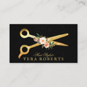 Hair Stylist Luxury Gold Scheren schwarz Damask Visitenkarte