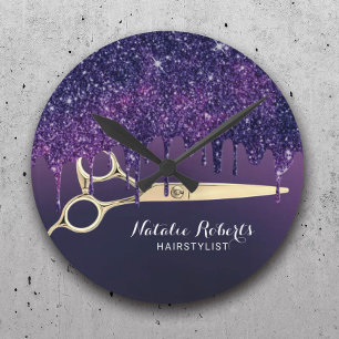 Hair Stylist Magic Lila Glitzer Tropfen Salon Runde Wanduhr