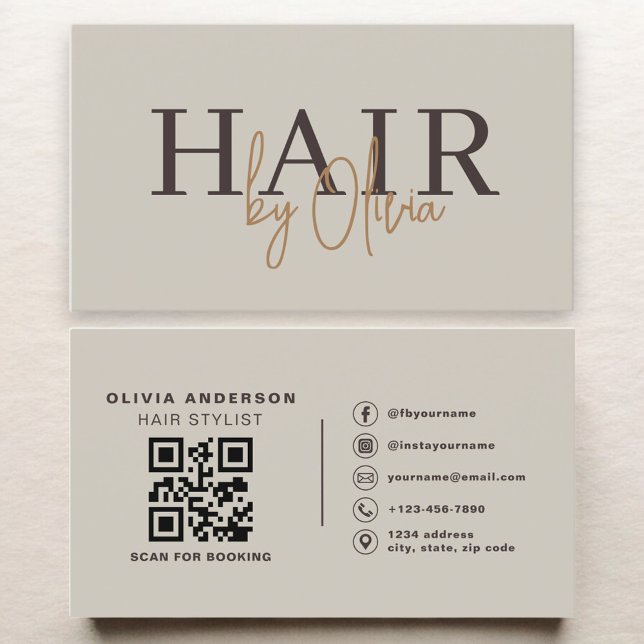 Hair Stylist Modern Neutral QR Code  Visitenkarte (Von Creator hochgeladen)