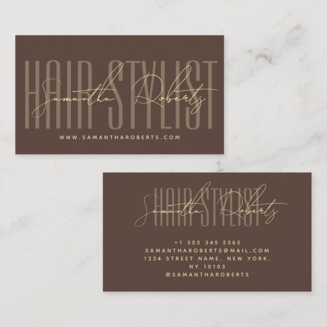 Hair stylist modern typography script brown visitenkarte (Vorne/Hinten)