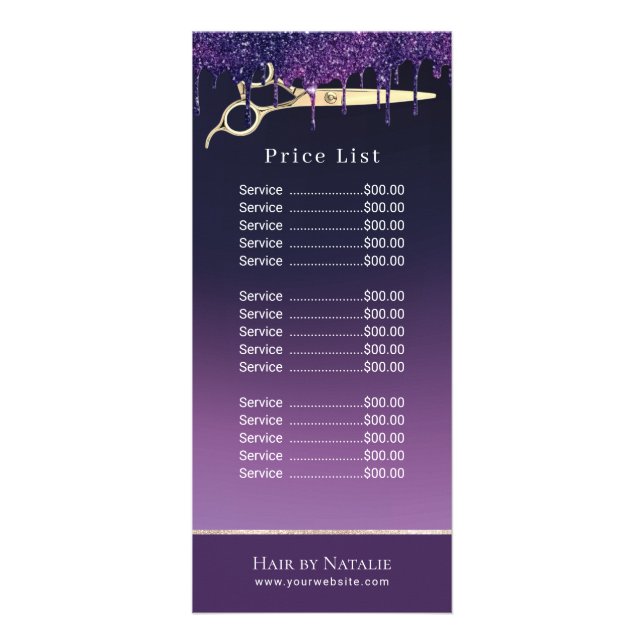 Hair Stylist Moderne Lila Tropfen Salon Preisliste Werbekarte (Vorne)