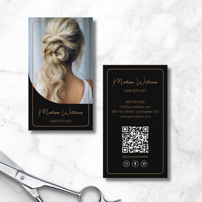 Hair Stylist Modernes Schwarz und Gold Visitenkarte (Hair Stylist Modern Black and Gold Business Card)