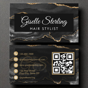 Hair Stylist QR Code Black Gold Agate Luxus Visitenkarte