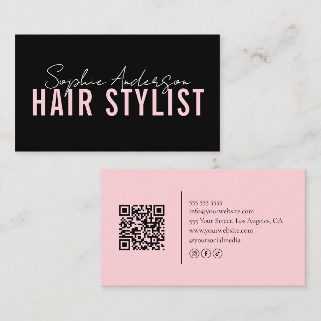 Hair Stylist Salon Black and Pink QR Code Visitenkarte (Vorne/Hinten)