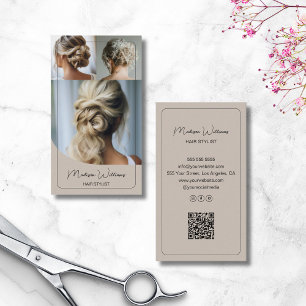 Hair Stylist Salon Custom 3 Fotos QR Code Beige Visitenkarte