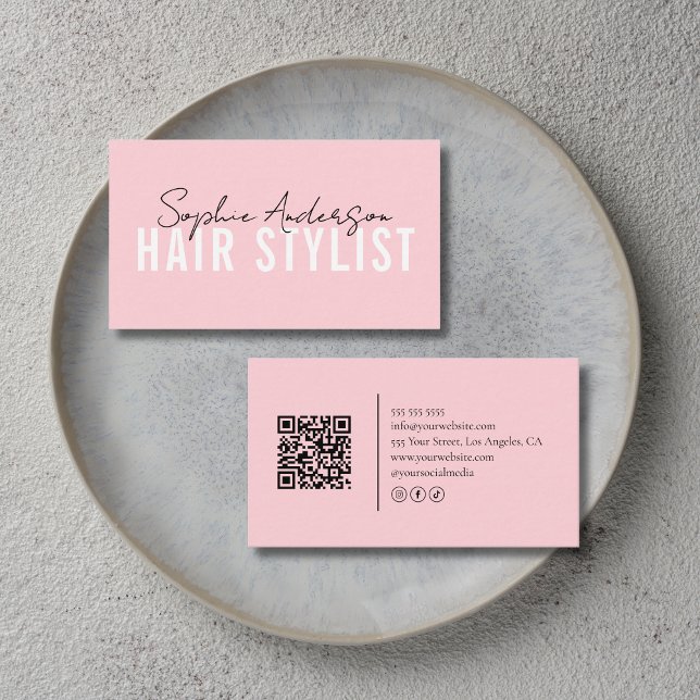 Hair Stylist Salon Pink QR Code Visitenkarte (Hair Stylist Salon Pink QR Code Business Card)