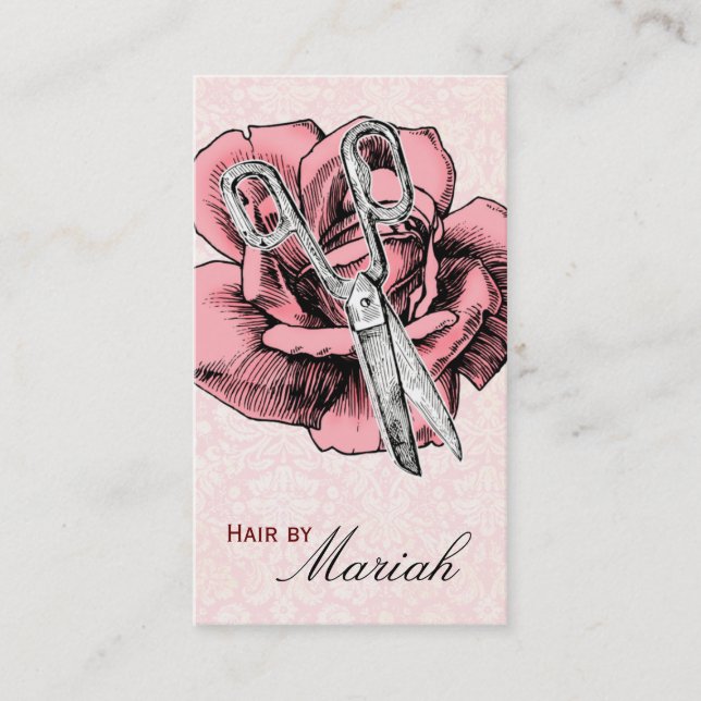 Hair Stylist Salon Rose Pink Damask Business Card Visitenkarte (Vorderseite)