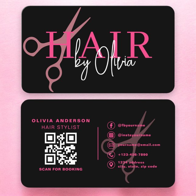 Hair Stylist Scissors Black Pink QR Code  Visitenkarte (Von Creator hochgeladen)