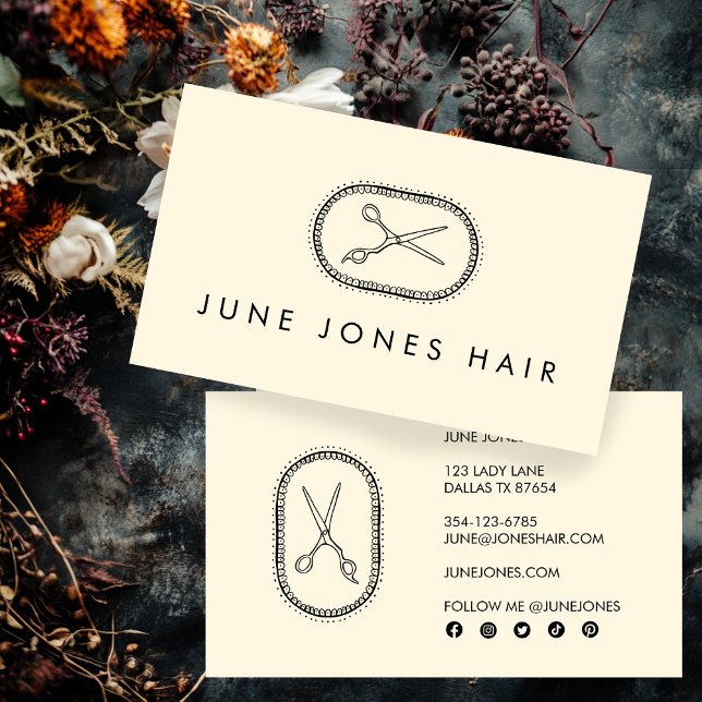Hair Stylist Scissors Elegante Chic Social Media Visitenkarte (Hair Stylist Scissors Elegant Chic Social Media Business Card
)