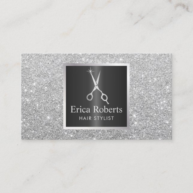 Hair Stylist Scissy Trendy Silver Glitzer Salon Visitenkarte (Vorderseite)