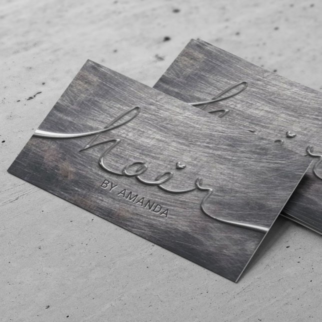 Hair Stylist Script Grunge Metalic Beauty Salon Visitenkarte (Von Creator hochgeladen)