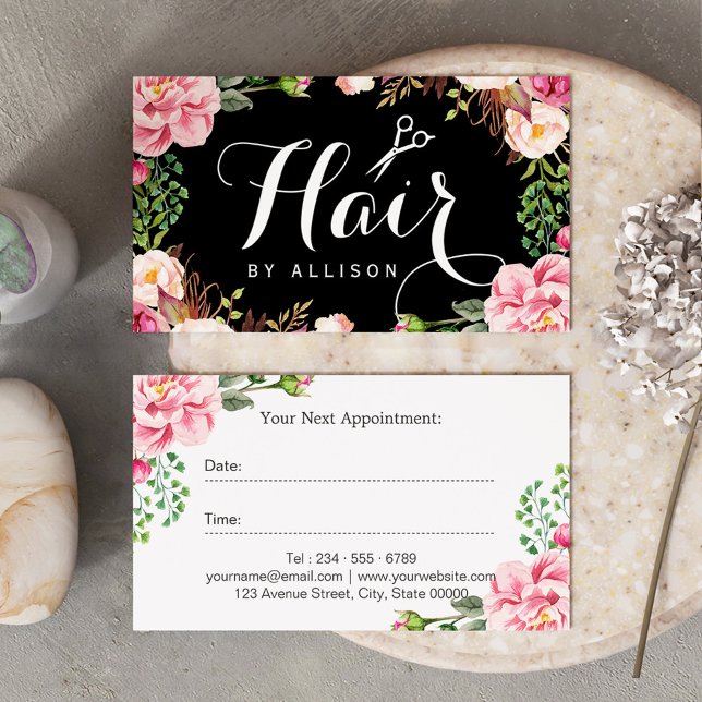 Hair Stylist Script Pink Floral Terminkarte (Von Creator hochgeladen)
