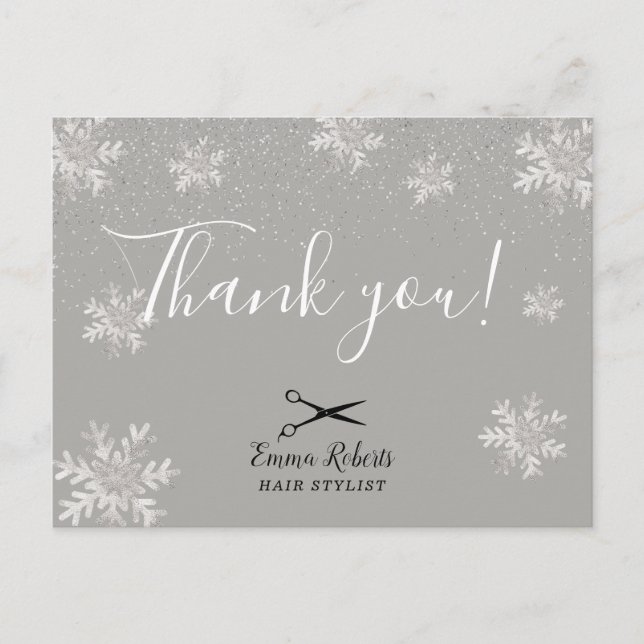 Hair Stylist Silver Snowflakes Holiday Danke Postkarte (Vorderseite)