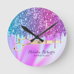 Hair Stylist Unicorn Glitter Drips Modern Salon Runde Wanduhr