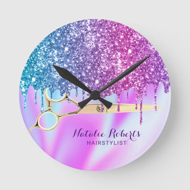 Hair Stylist Unicorn Glitzer Tropfen Moderner Salo Runde Wanduhr (Vorderseite)