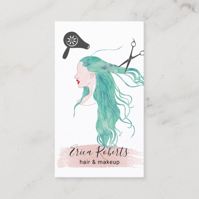 Hair Stylist Watercolor Beauty Girl Teal Hair Visitenkarte (Vorderseite)