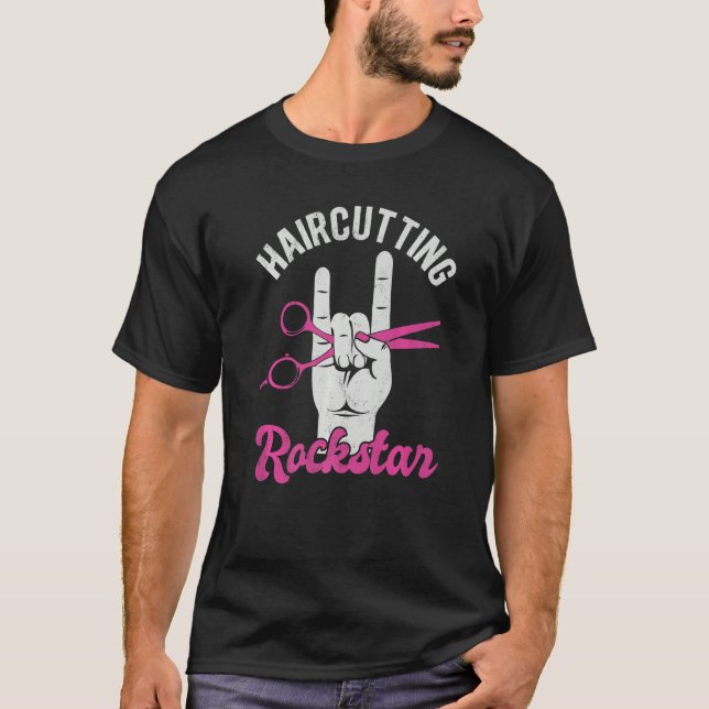 Haircutting rockstar, female hairdresser, funny ha T-Shirt (Vorderseite)