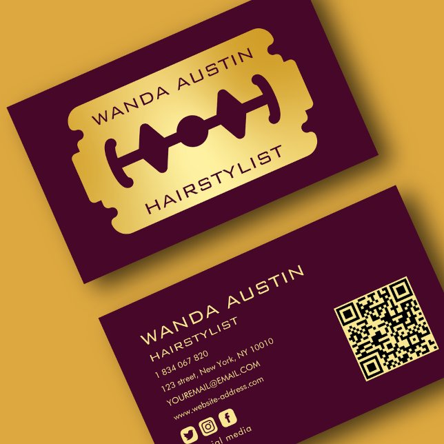 Hairstylist Razor Blade Burgundy And Gold Qr Code  Visitenkarte (Von Creator hochgeladen)