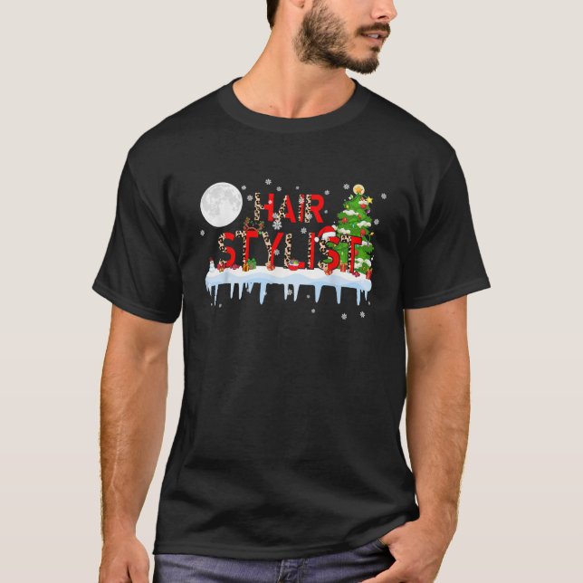 Hairstylist Xmas Tree Light Leopard Santa Hat Rein T-Shirt (Vorderseite)