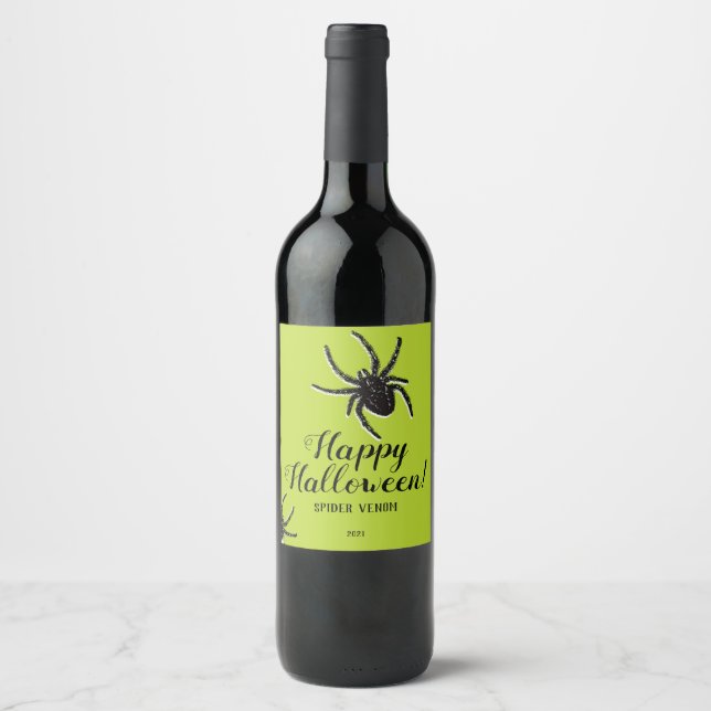 Hairy Spider Halloween Wine Label Black Green Weinetikett (Vorderseite)