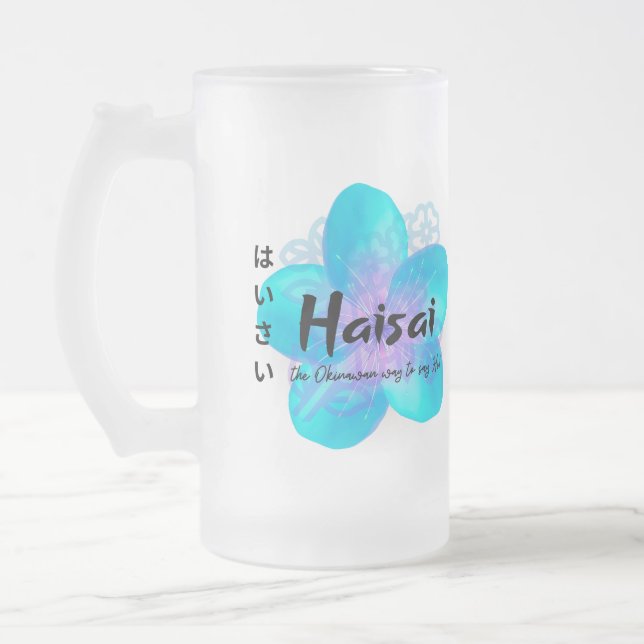 "Haisai" ist der Okinawan Weg HI zu sagen! Mug Mattglas Bierglas (Links)