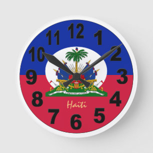 Haitian Flag & Haiti Clock, large Numbers / emblem Runde Wanduhr