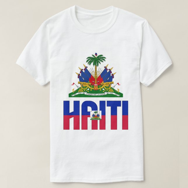 Haitianische Flagge und Wappen Patriotisch T-Shirt (Design vorne)
