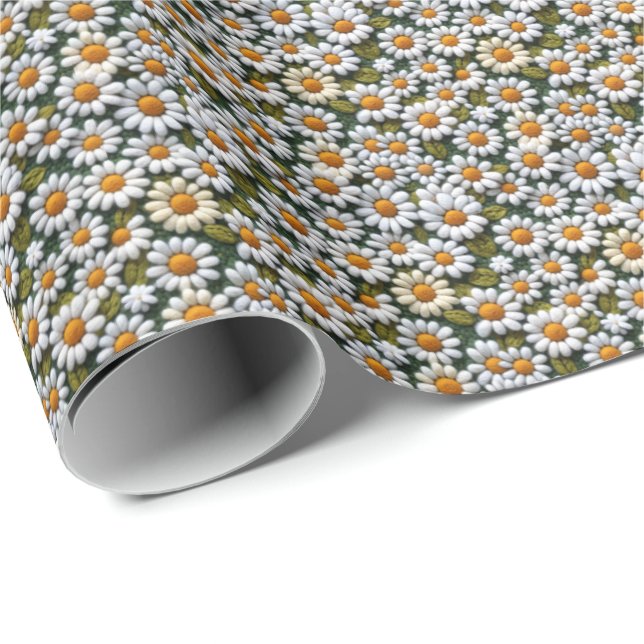 Häkeln Sie weiße Gänseblümchen Frühlingswildblumen Geschenkpapier (Rolleneckpunkt)