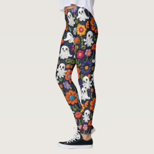 Häkelnde Halloween-Geister und Wildblumen Leggings